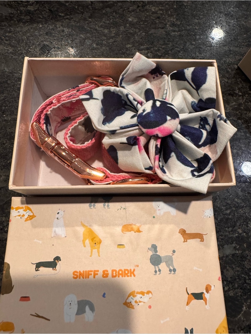 Pink Floral Bow Dog Collar Accessory with Rose-Gold Hardware